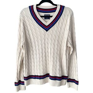 VTG Abercrombie & Fitch Mens Cricket Cable Knit Sweater L Ivory Wool Y2K Varsity